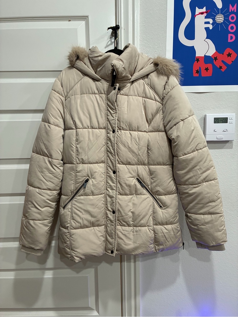 Beige Women's Puffer Coat with Hood